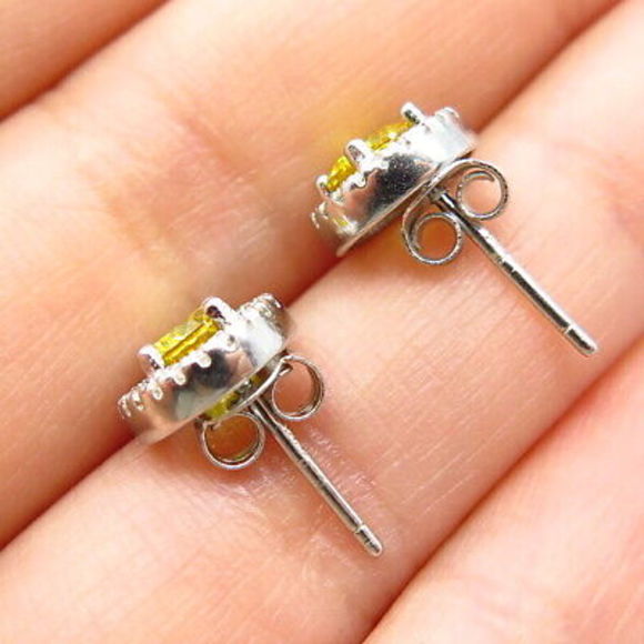 925 Sterling Silver White & Citrine-Tone  C Z Heart Stud Earrings - Picture 2 of 5